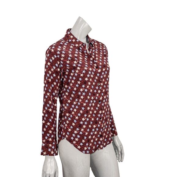 Sandro Paris 100% Silk Button up Blouse Burgundy with stars print Women's S - Picture 4 of 9